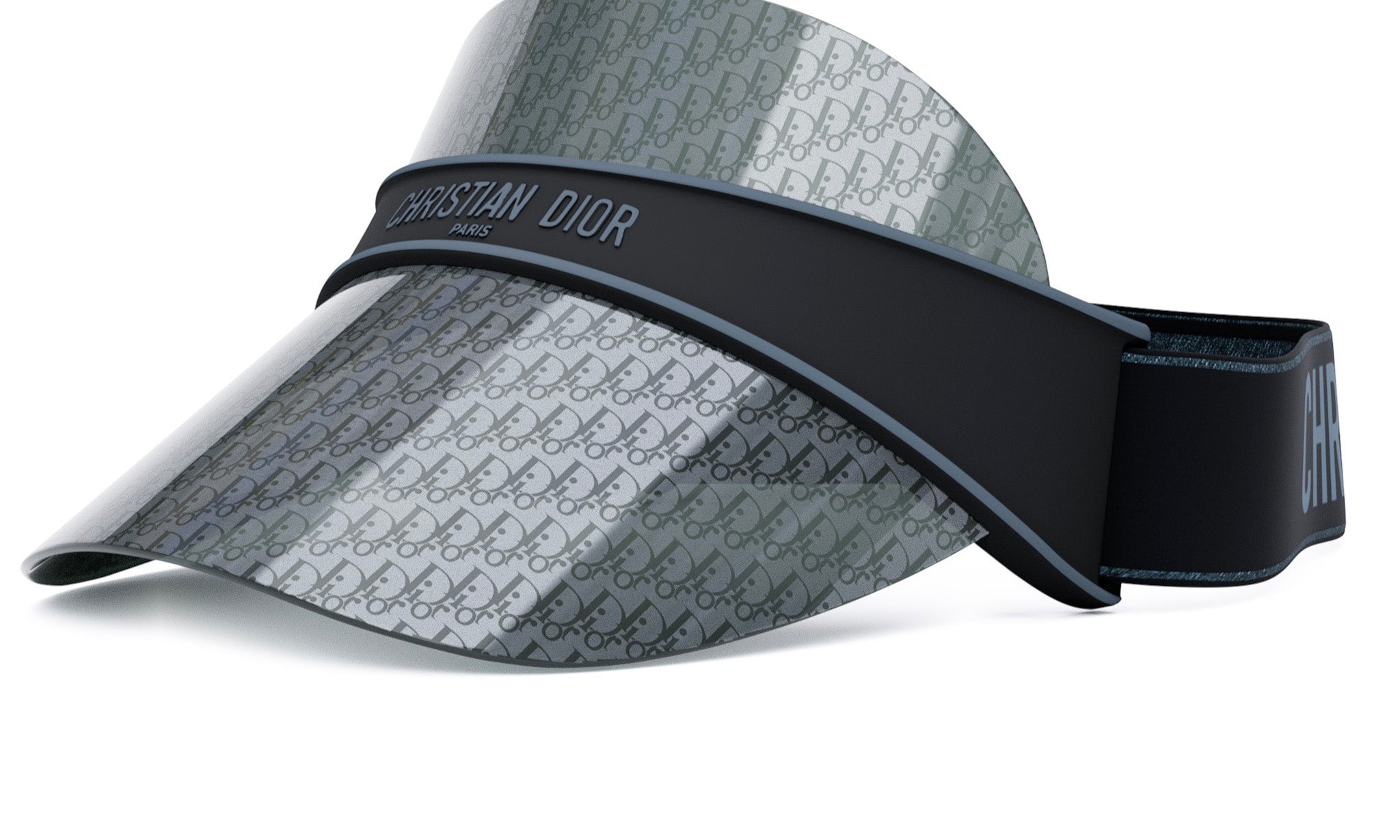 A black and silver visor with a repeating pattern of Dior logos.