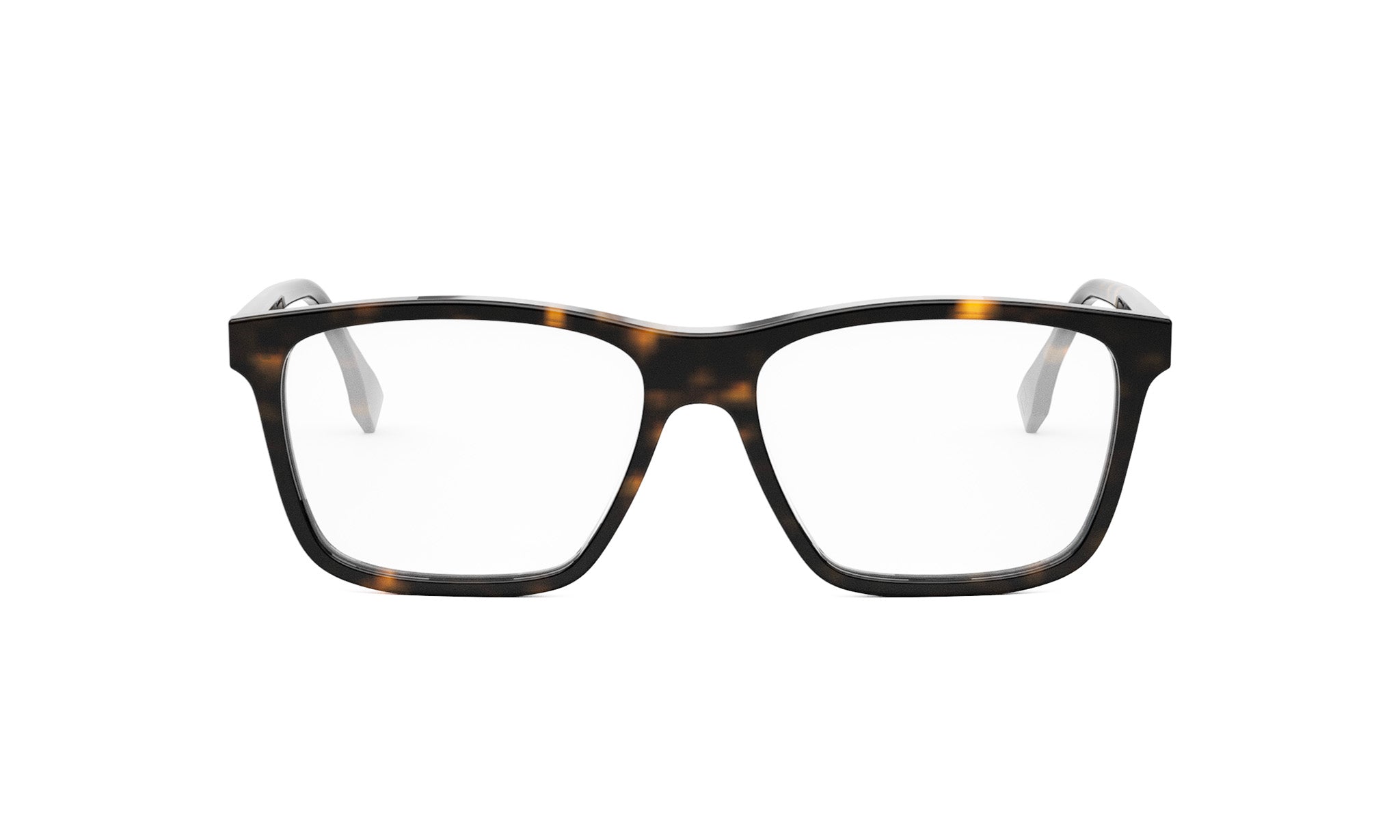A pair of tortoiseshell-framed glasses with a dark frame and clear lenses.