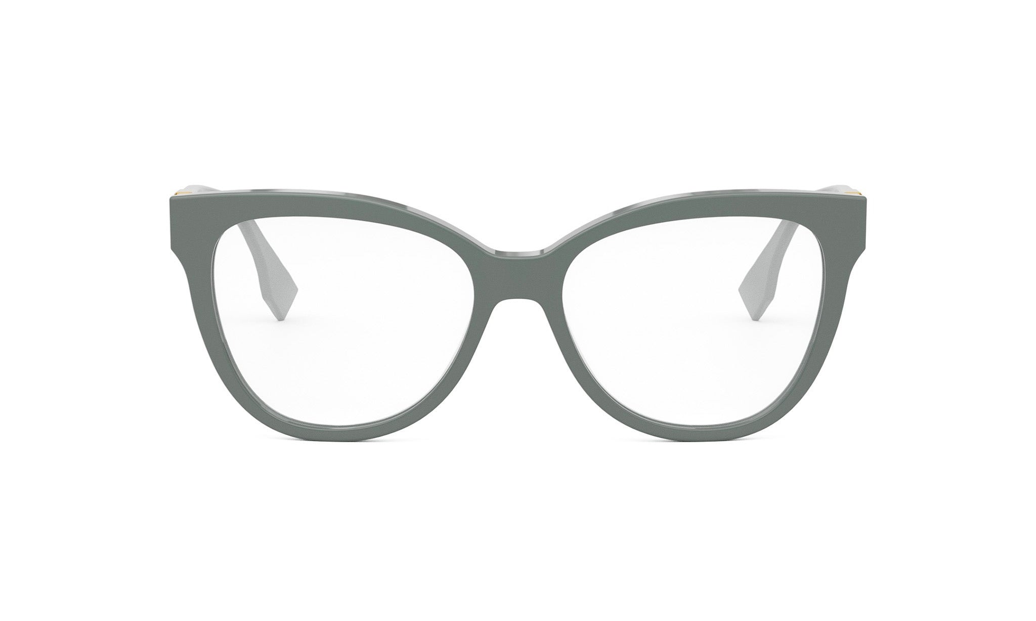 A pair of gray-framed glasses with clear lenses, presented against a white background.