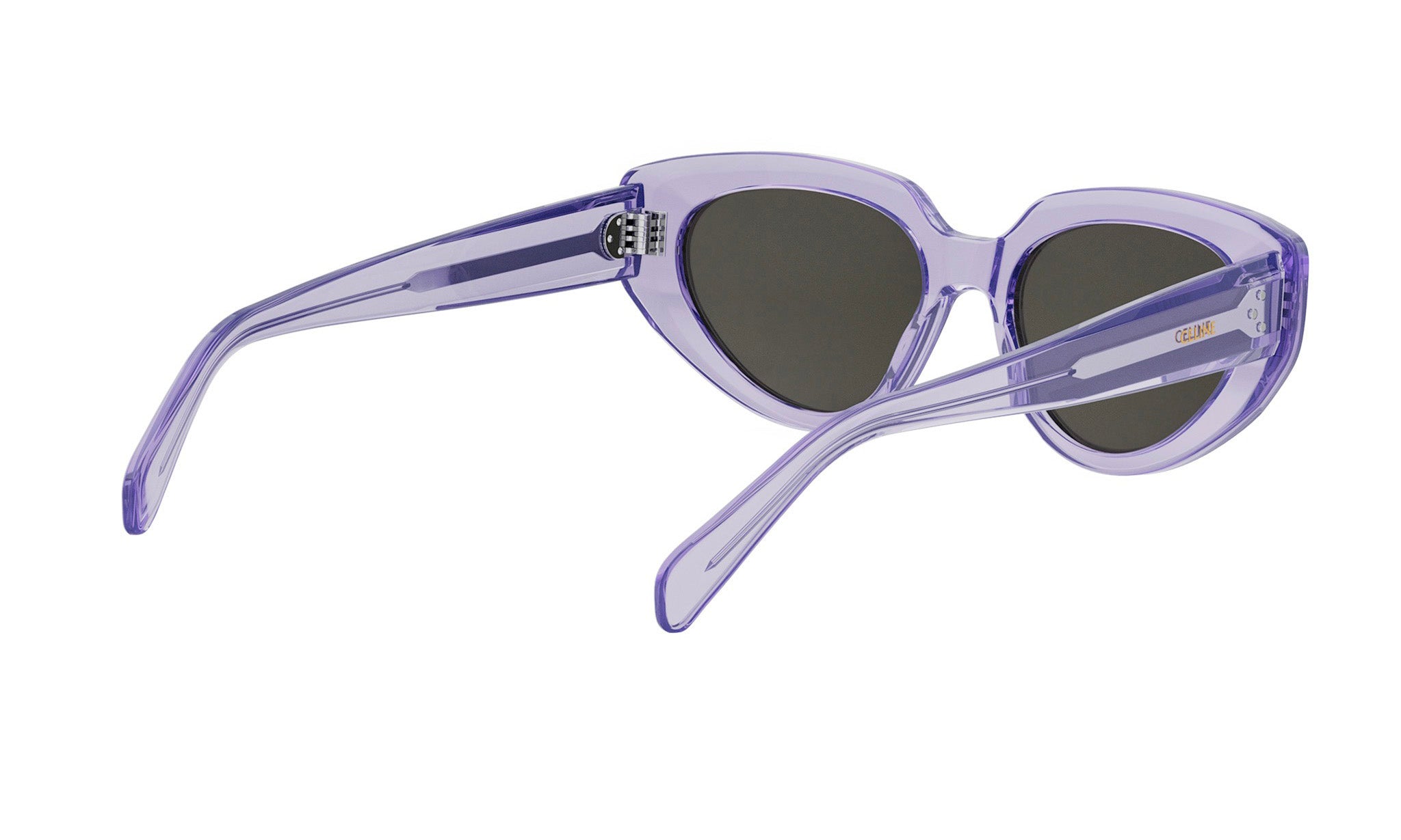 A pair of purple cat-eye sunglasses with dark lenses.