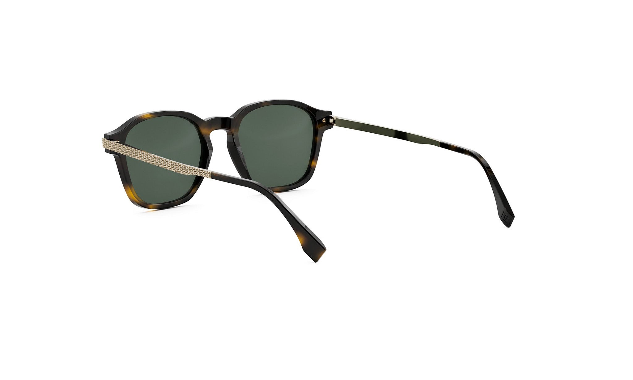A pair of dark-framed sunglasses with a dark green lens.