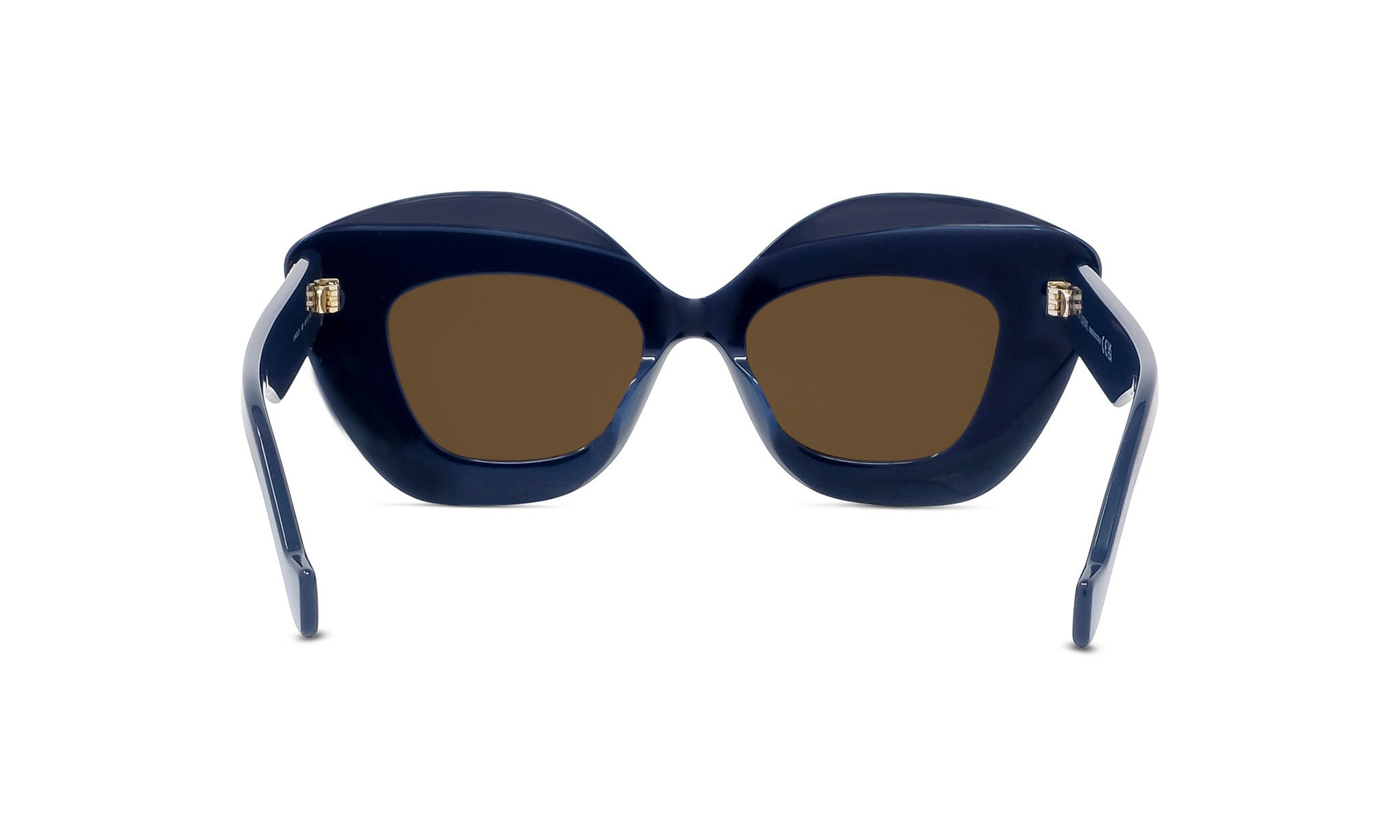 A pair of blue sunglasses with brown lenses.