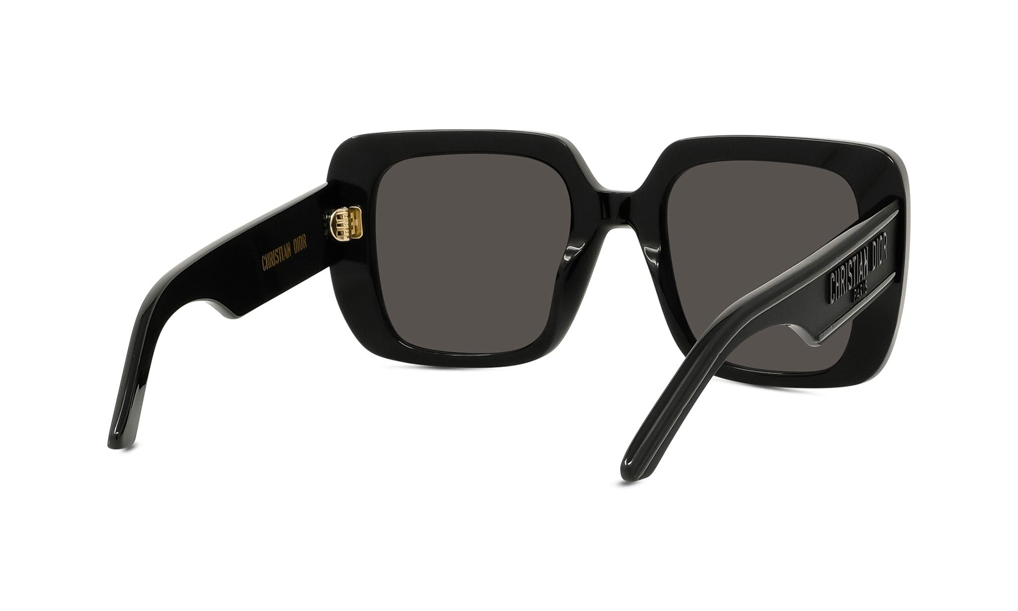 A pair of black sunglasses with dark lenses.