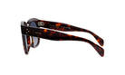 A pair of sunglasses with a dark tortoiseshell frame and dark lenses.