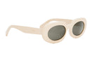 A pair of white, oval-shaped sunglasses with dark lenses.