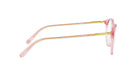 A pair of pink-framed glasses with gold accents, positioned side by side against a white background.