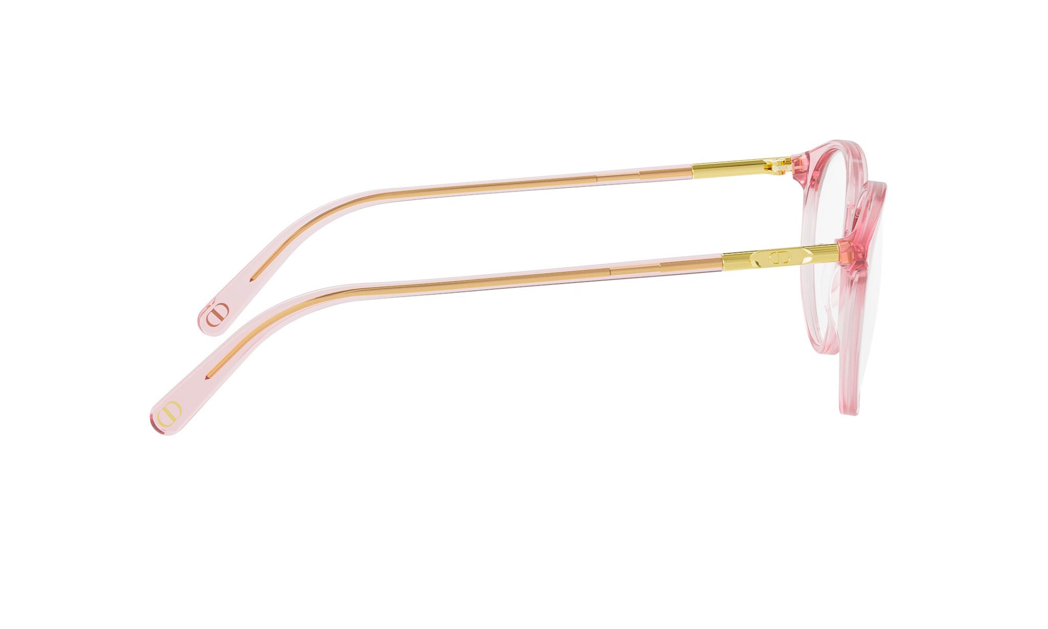 A pair of pink-framed glasses with gold accents, positioned side by side against a white background.