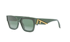 A pair of green-framed sunglasses with a gold-colored logo on the side.
