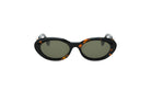 A pair of black sunglasses with green lenses.