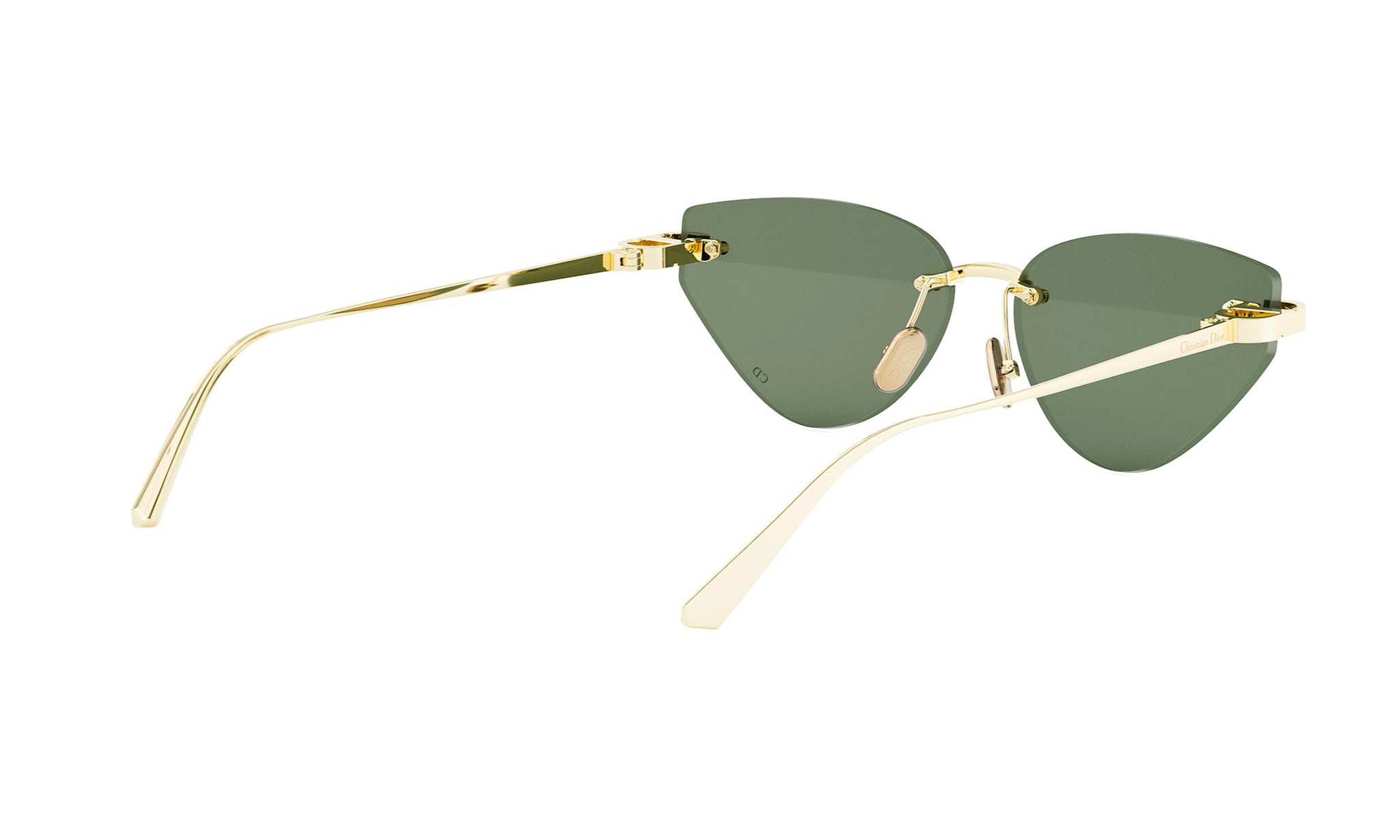 A pair of gold-colored sunglasses with green lenses.
