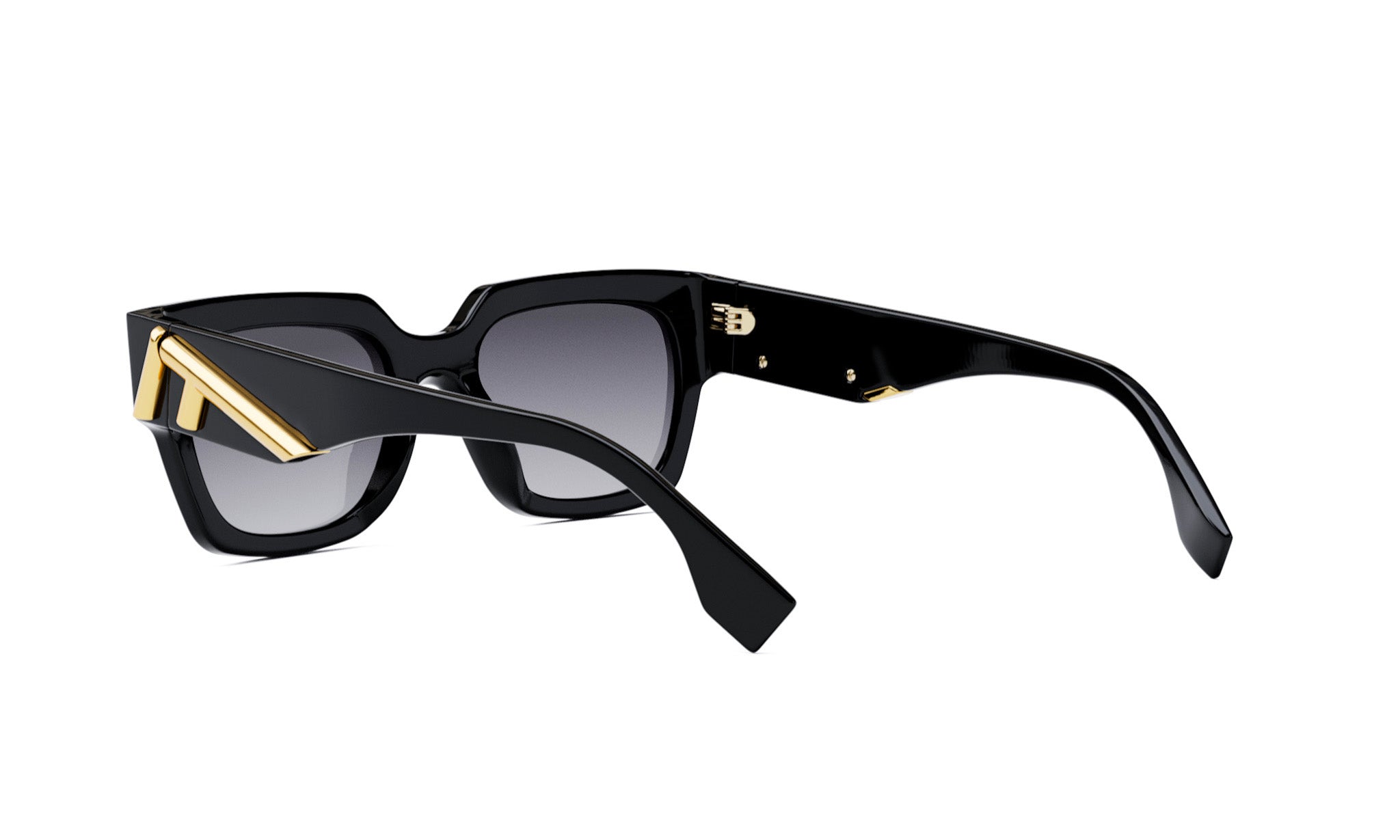 A pair of black sunglasses with gold accents, featuring a sleek and stylish design.