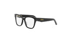A pair of black-framed glasses with a gold-colored logo on the temple.