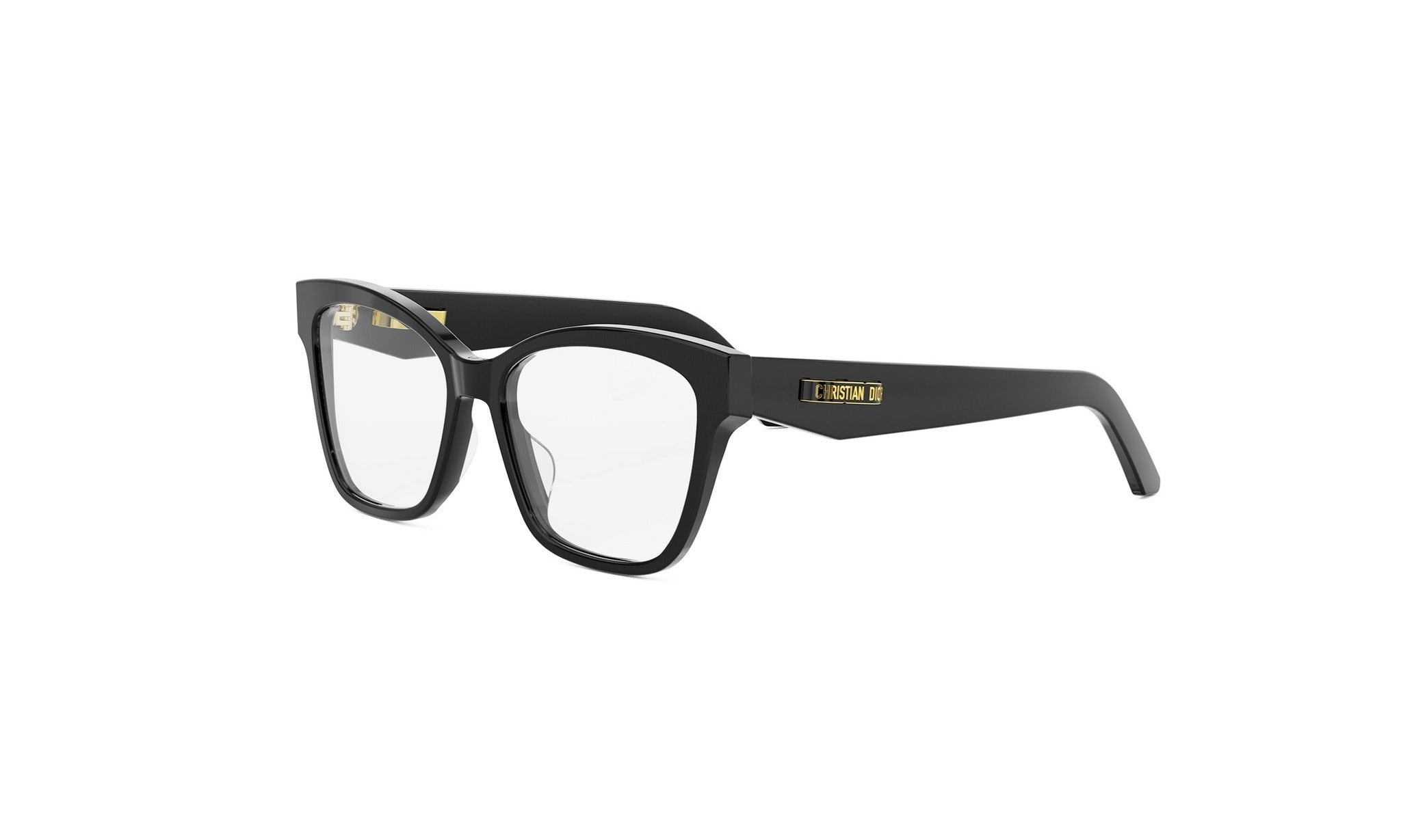 A pair of black-framed glasses with a gold-colored logo on the temple.