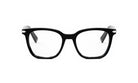 A pair of black-framed glasses against a white background.