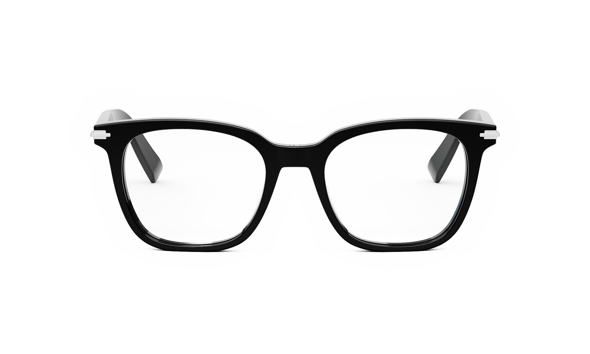 A pair of black-framed glasses against a white background.