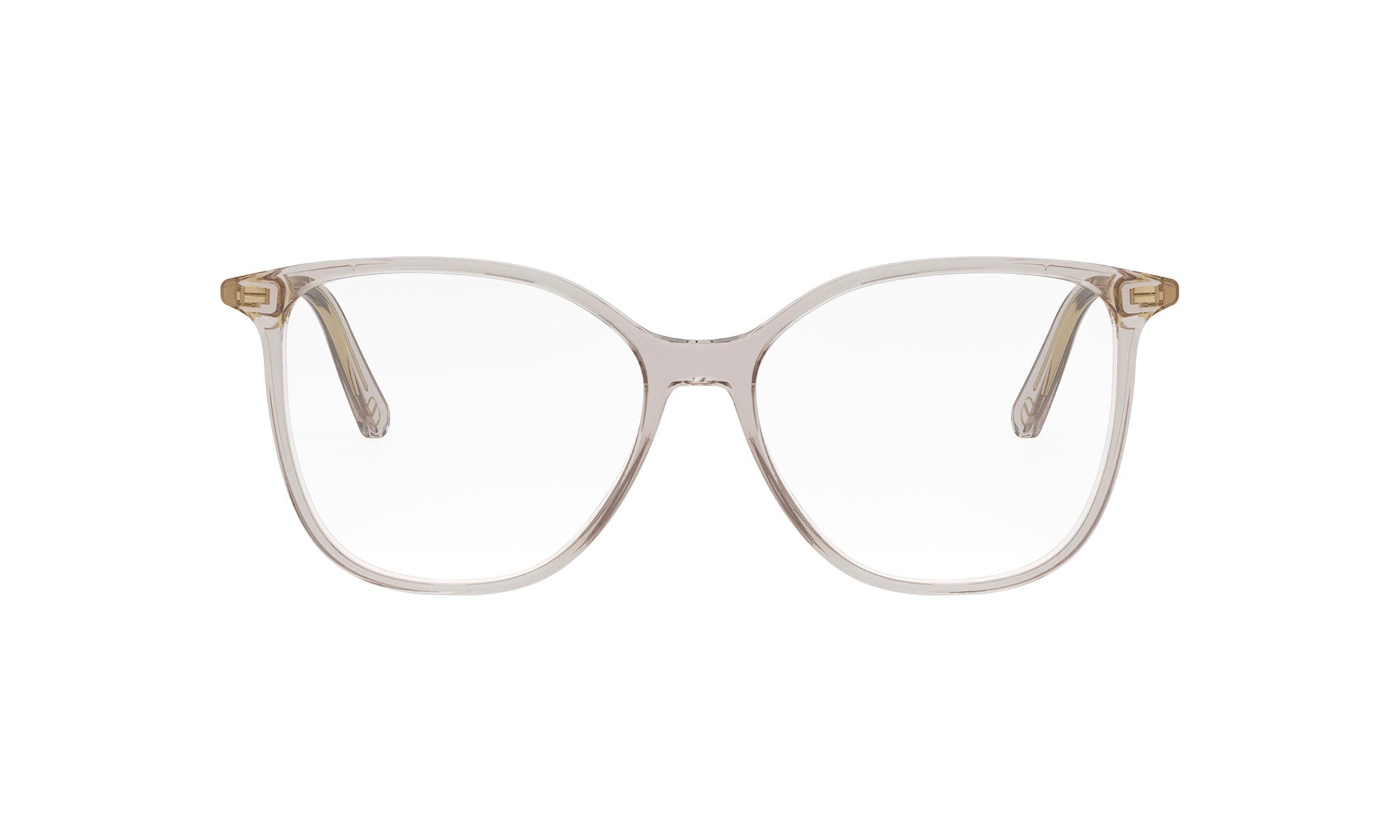 A pair of clear, oval-shaped glasses with gold-colored temples.