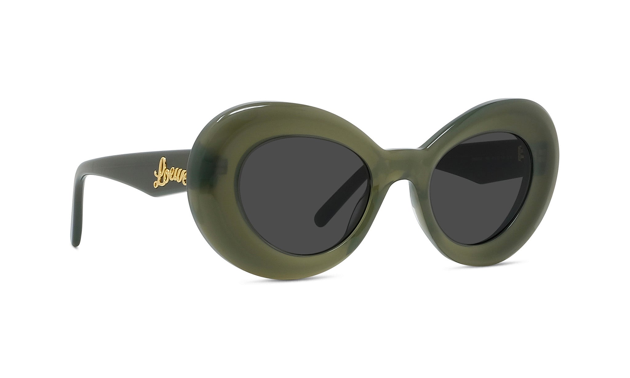 A pair of green-framed sunglasses with dark lenses.