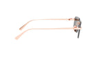 A pair of sunglasses with a light pink frame and dark lenses.