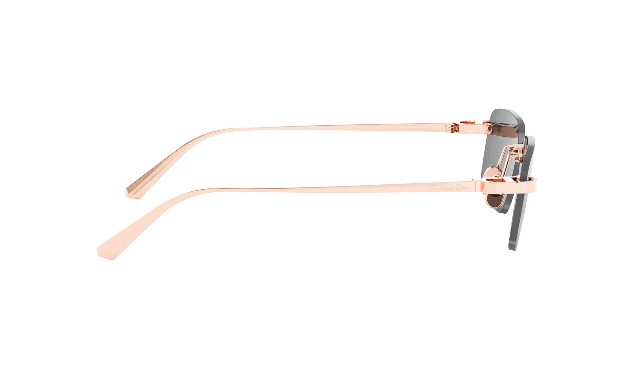 A pair of sunglasses with a light pink frame and dark lenses.
