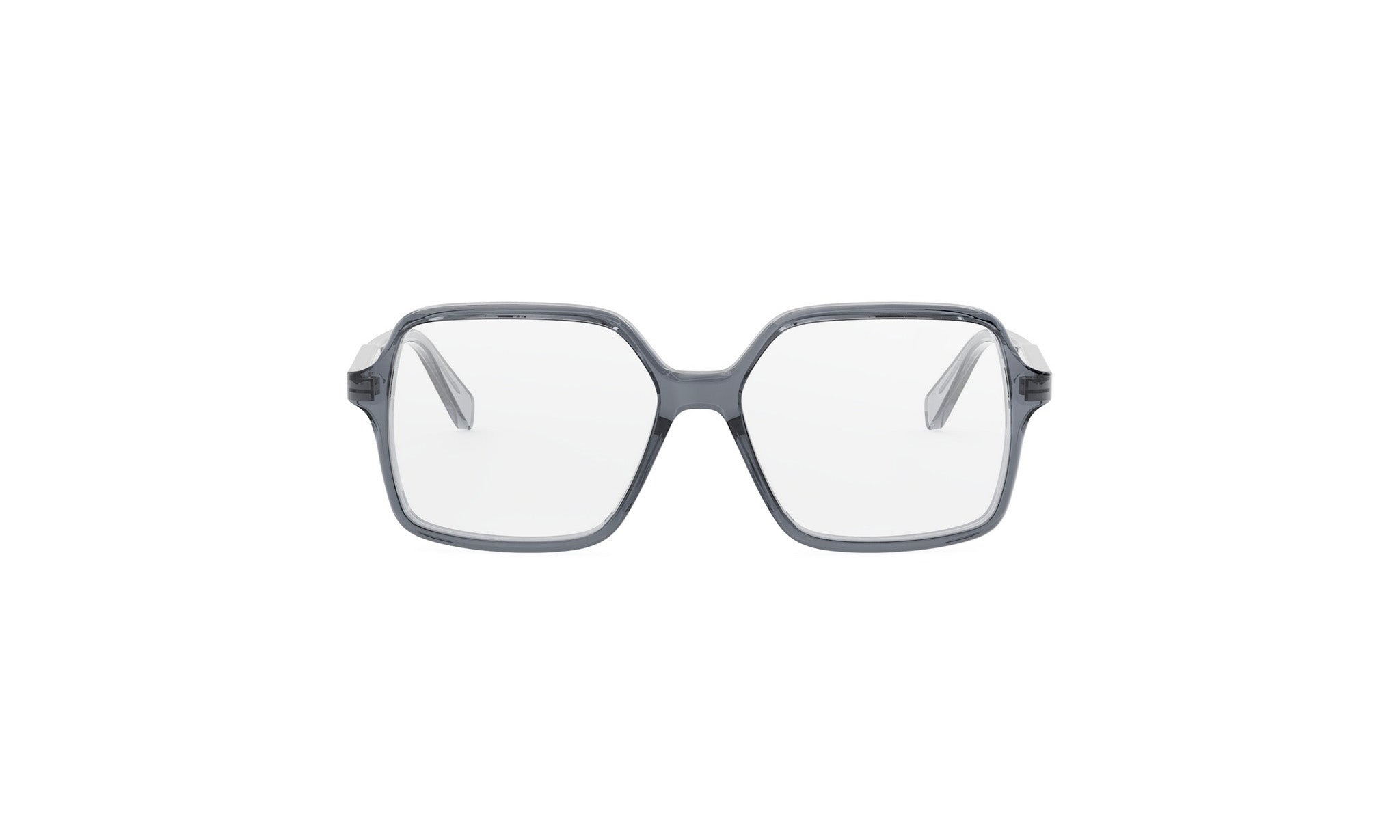 A pair of black-framed glasses with clear lenses, set against a white background.
