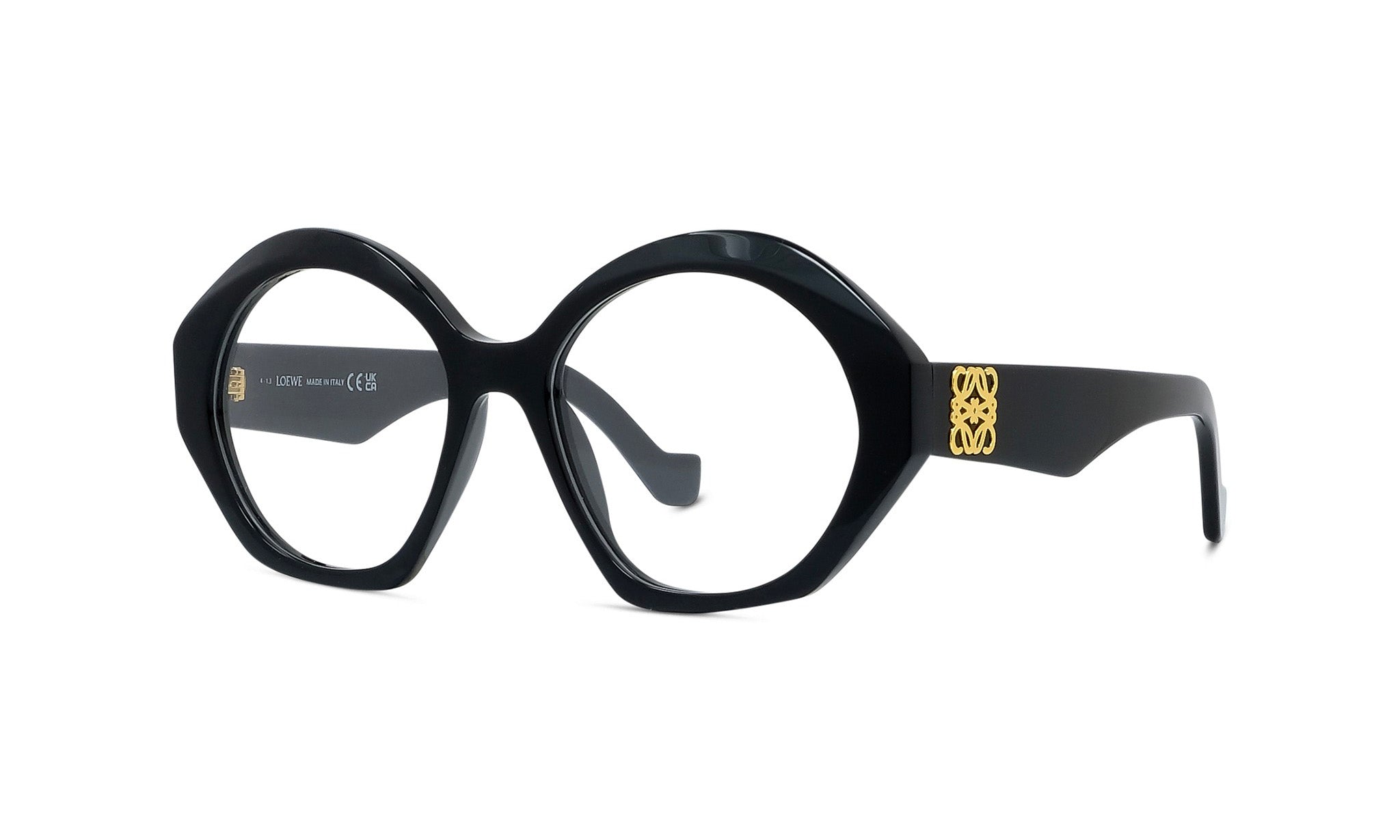 A pair of black, round-framed glasses with a gold logo on the side.
