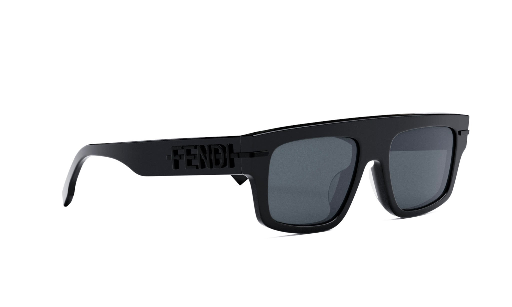 A pair of black sunglasses with the Fendi logo on the frame.