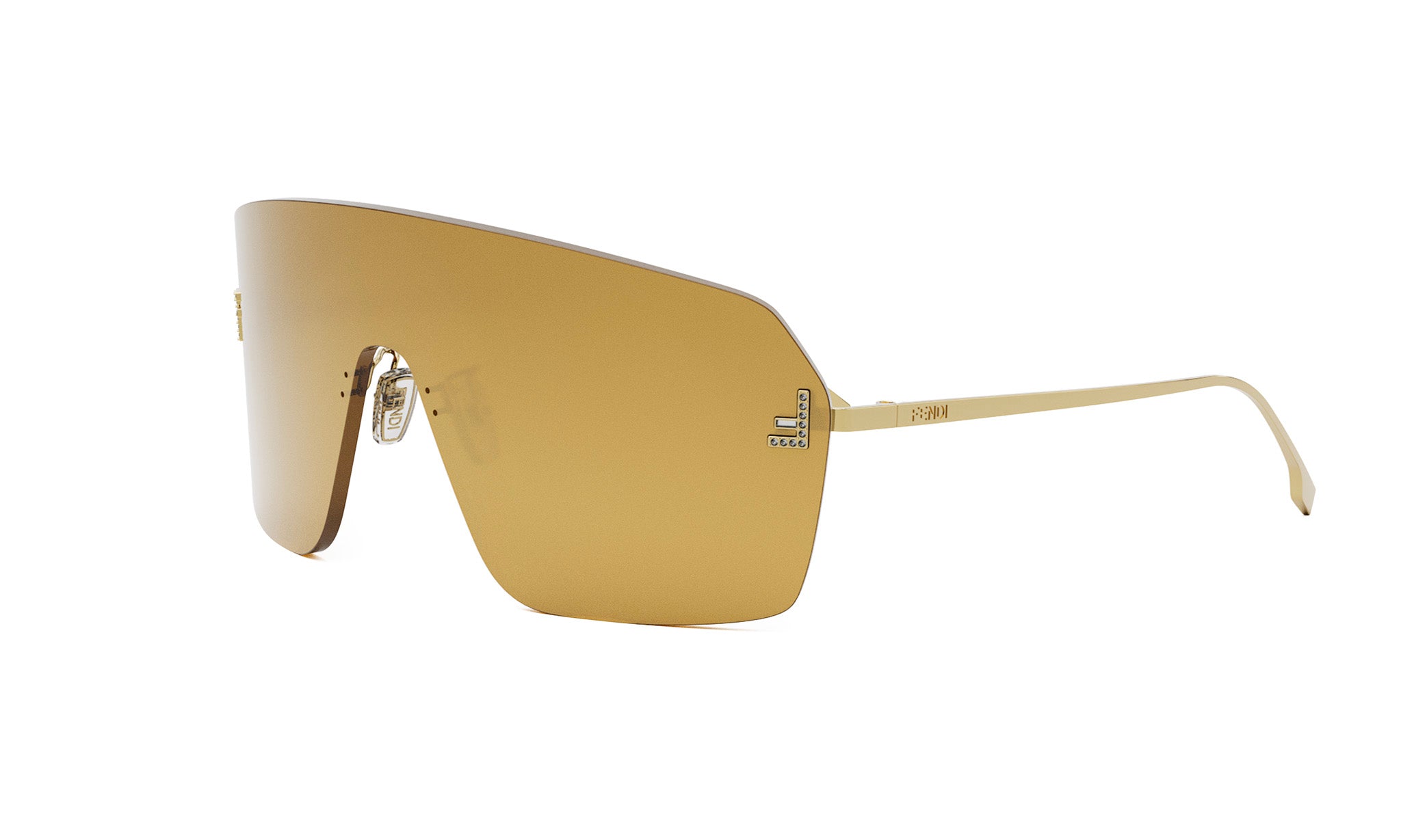 A pair of gold-colored sunglasses with a curved frame and dark lenses.