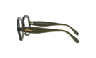 A pair of dark green framed glasses with the LESS THAN 500 characters logo on them.