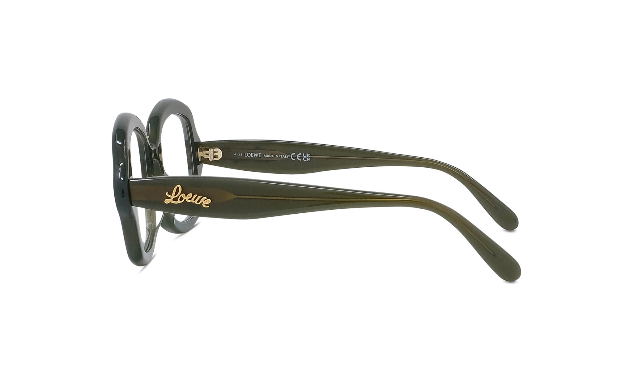 A pair of dark green framed glasses with the LESS THAN 500 characters logo on them.