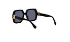 A pair of black sunglasses with gold accents, featuring a square frame and a gold-colored clasp on the temples.