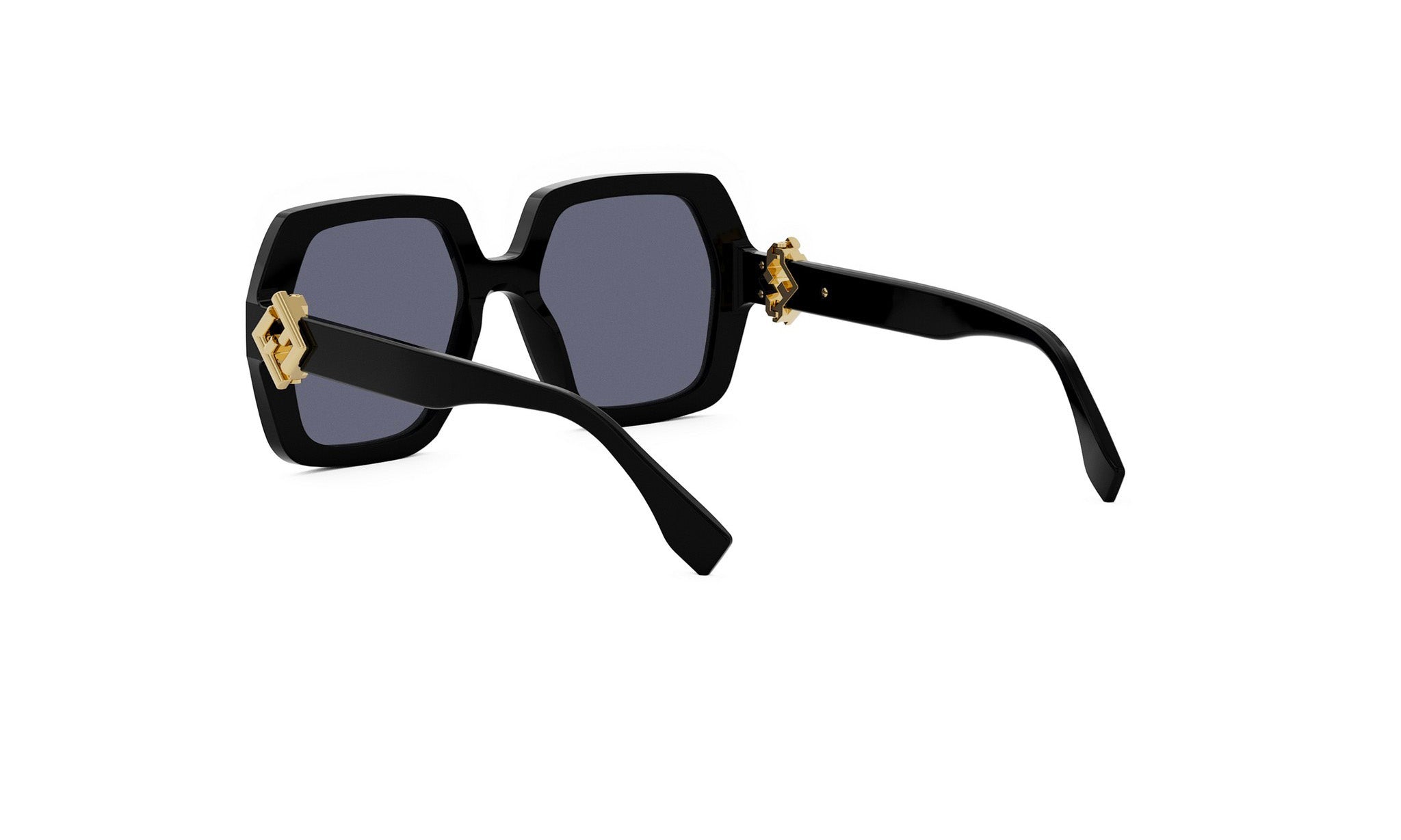 A pair of black sunglasses with gold accents, featuring a square frame and a gold-colored clasp on the temples.