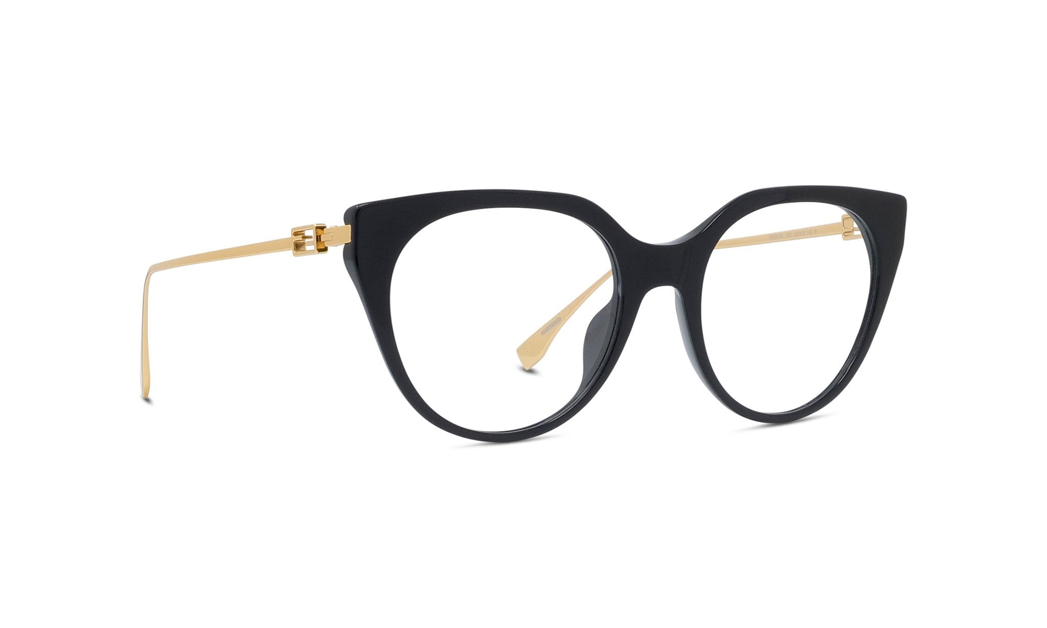 A pair of black cat-eye framed glasses with gold accents.