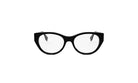 A pair of black cat-eye framed glasses against a white background.