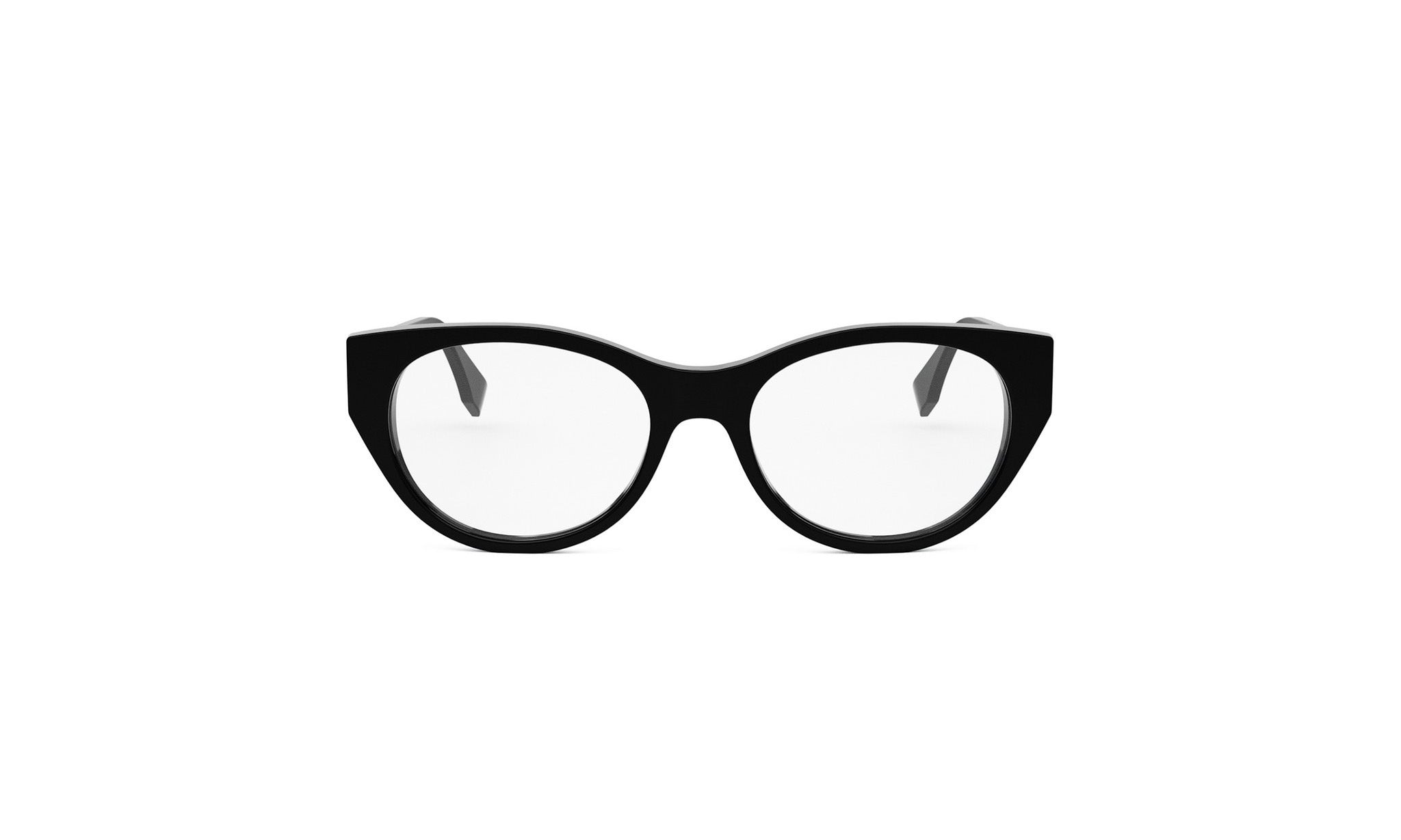 A pair of black cat-eye framed glasses against a white background.