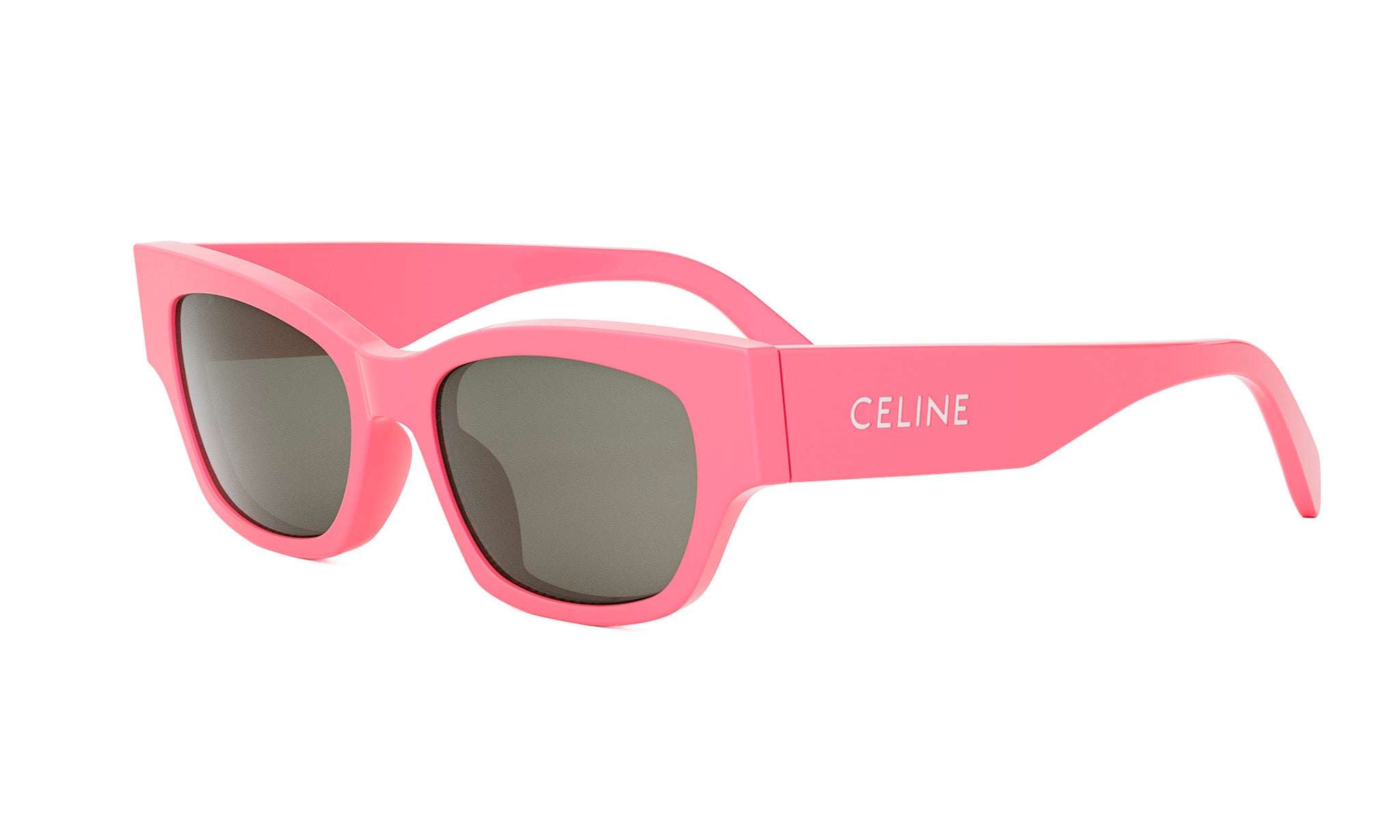 A pair of pink sunglasses with dark lenses.