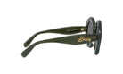 A pair of dark green sunglasses with gold text on the frame.