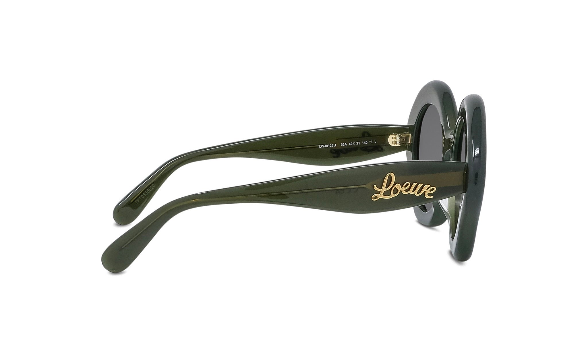 A pair of dark green sunglasses with gold text on the frame.