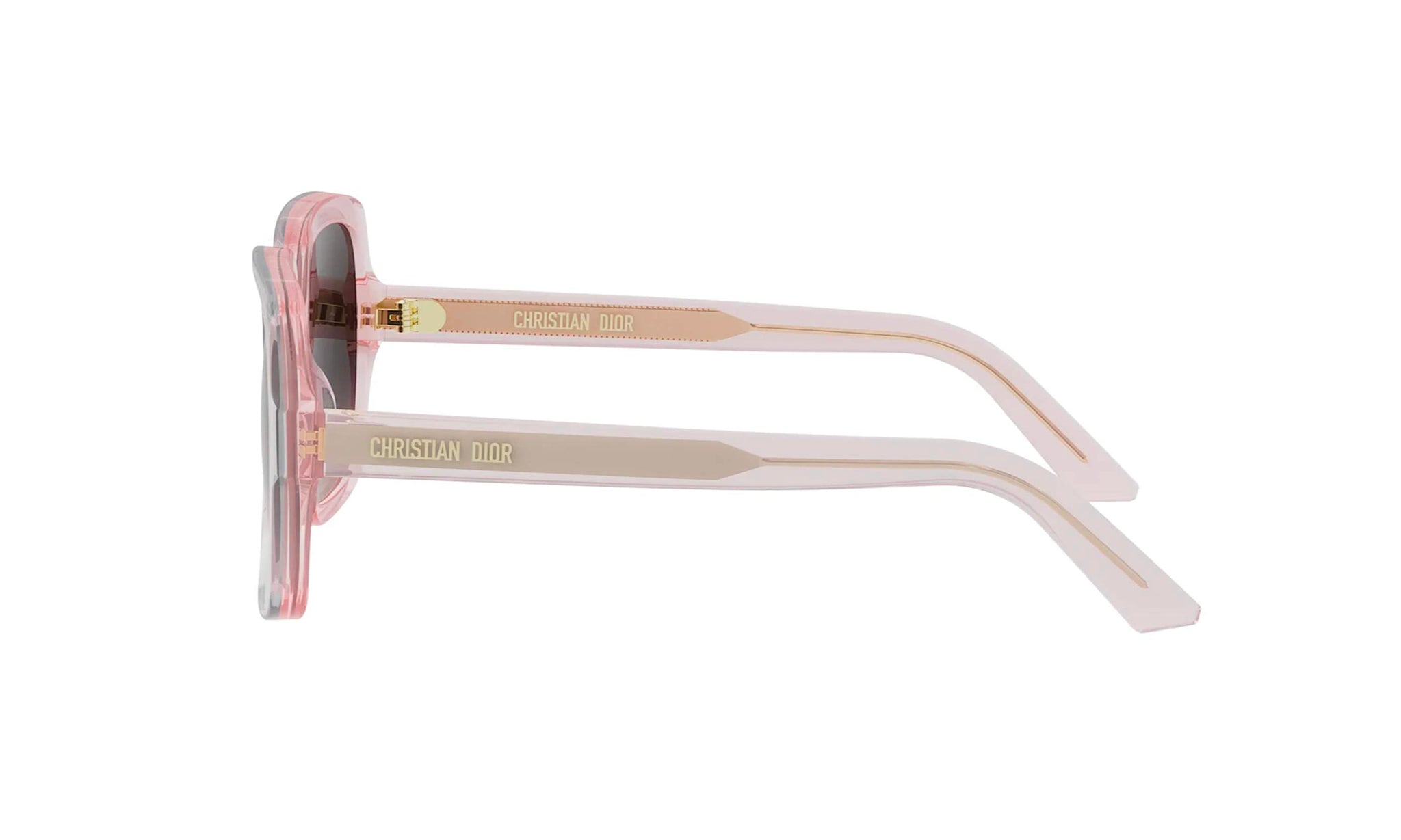 A pair of pink Christian Dior sunglasses with gold accents.