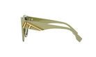A pair of green-framed sunglasses with a gold-colored logo on the frame.