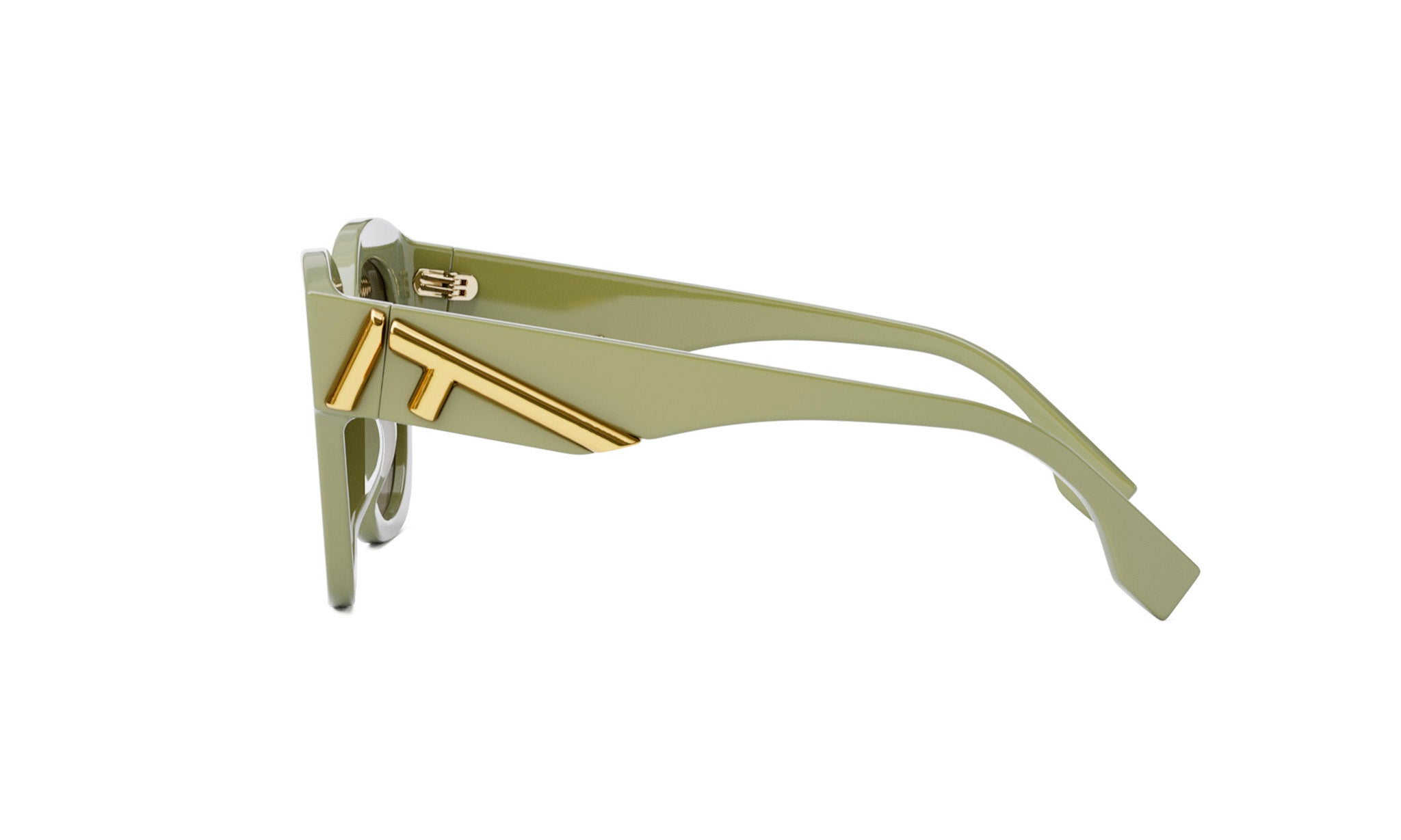 A pair of green-framed sunglasses with a gold-colored logo on the frame.
