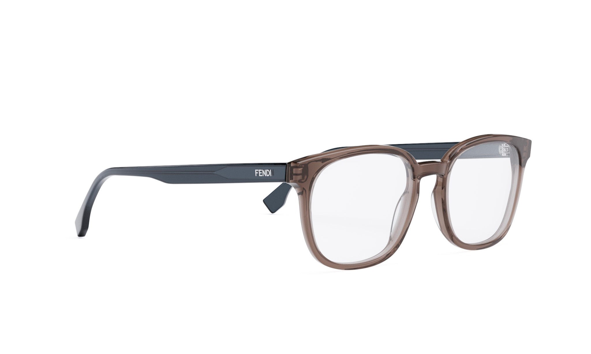 A pair of Fendi-branded eyeglasses with a dark frame and clear lenses.