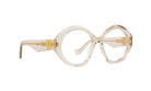 A pair of stylish, round-framed glasses with a gold-colored frame and clear lenses.
