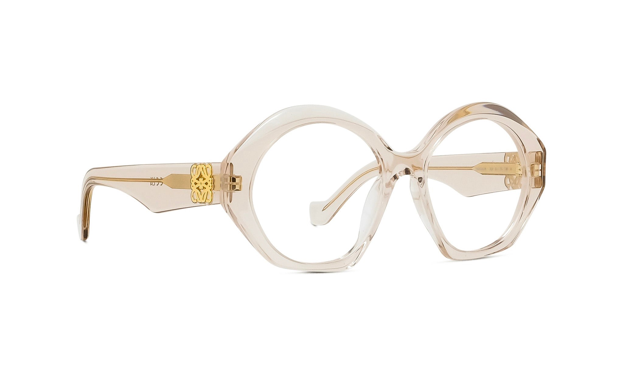 A pair of stylish, round-framed glasses with a gold-colored frame and clear lenses.