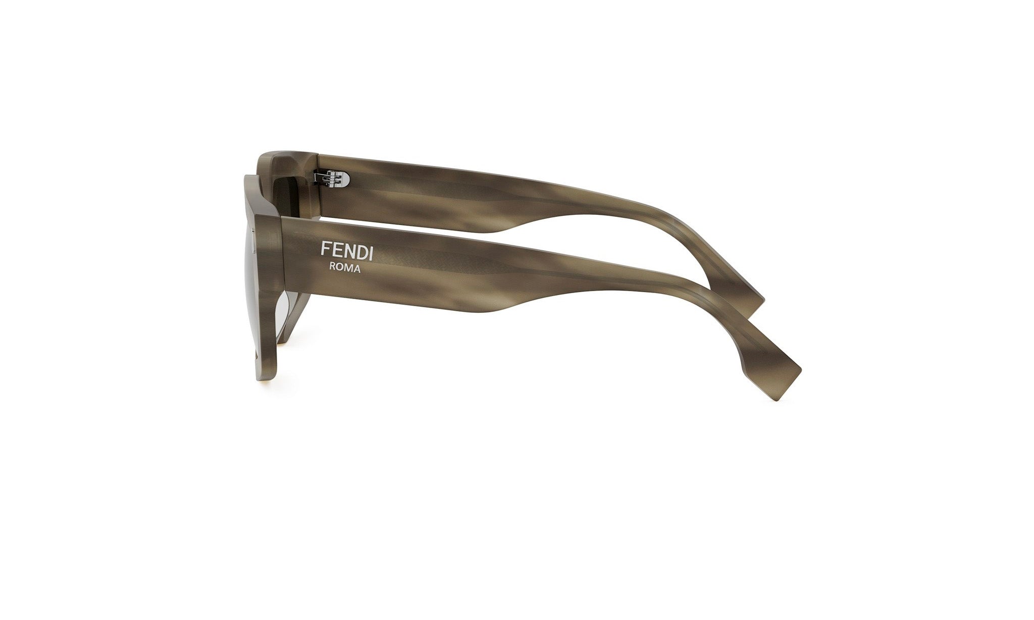 A pair of brown-framed sunglasses with the Fendi logo visible.
