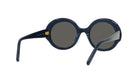 A pair of dark blue, round sunglasses with dark lenses.