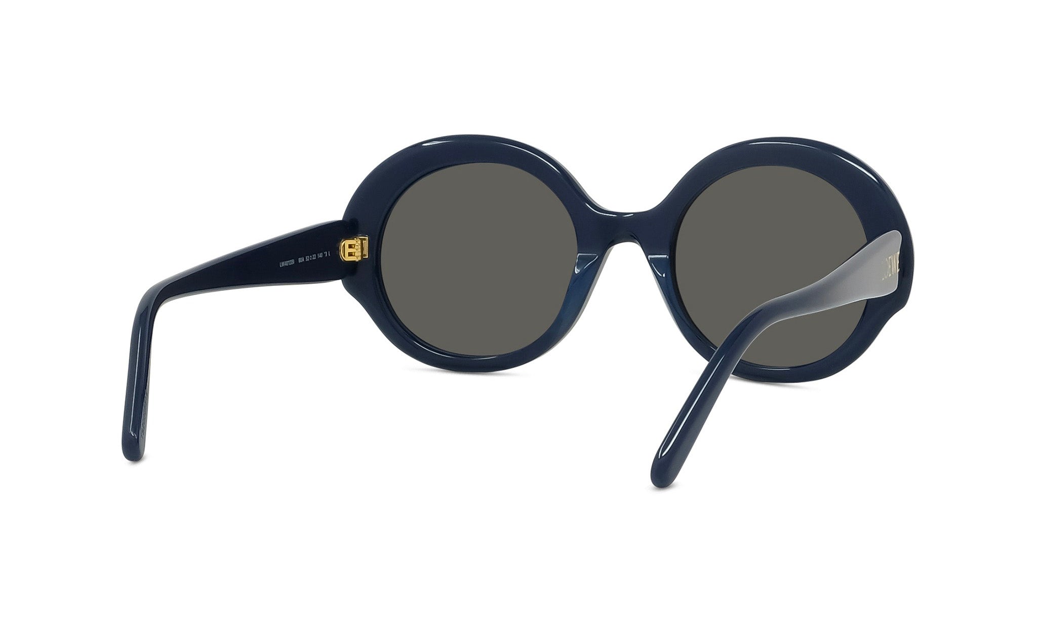 A pair of dark blue, round sunglasses with dark lenses.