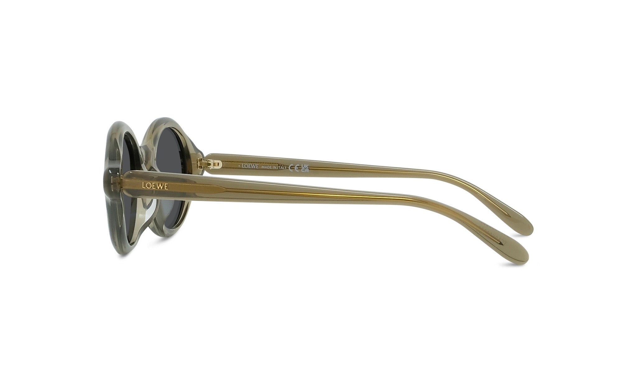 A pair of tan-colored sunglasses with the LESS THAN 500 characters logo on the frame.