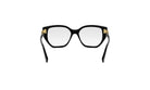 A pair of black-framed glasses with gold accents, positioned facing forward against a white background.
