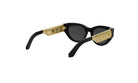 A pair of black cat-eye sunglasses with gold-colored embellishments on the arms and temples.