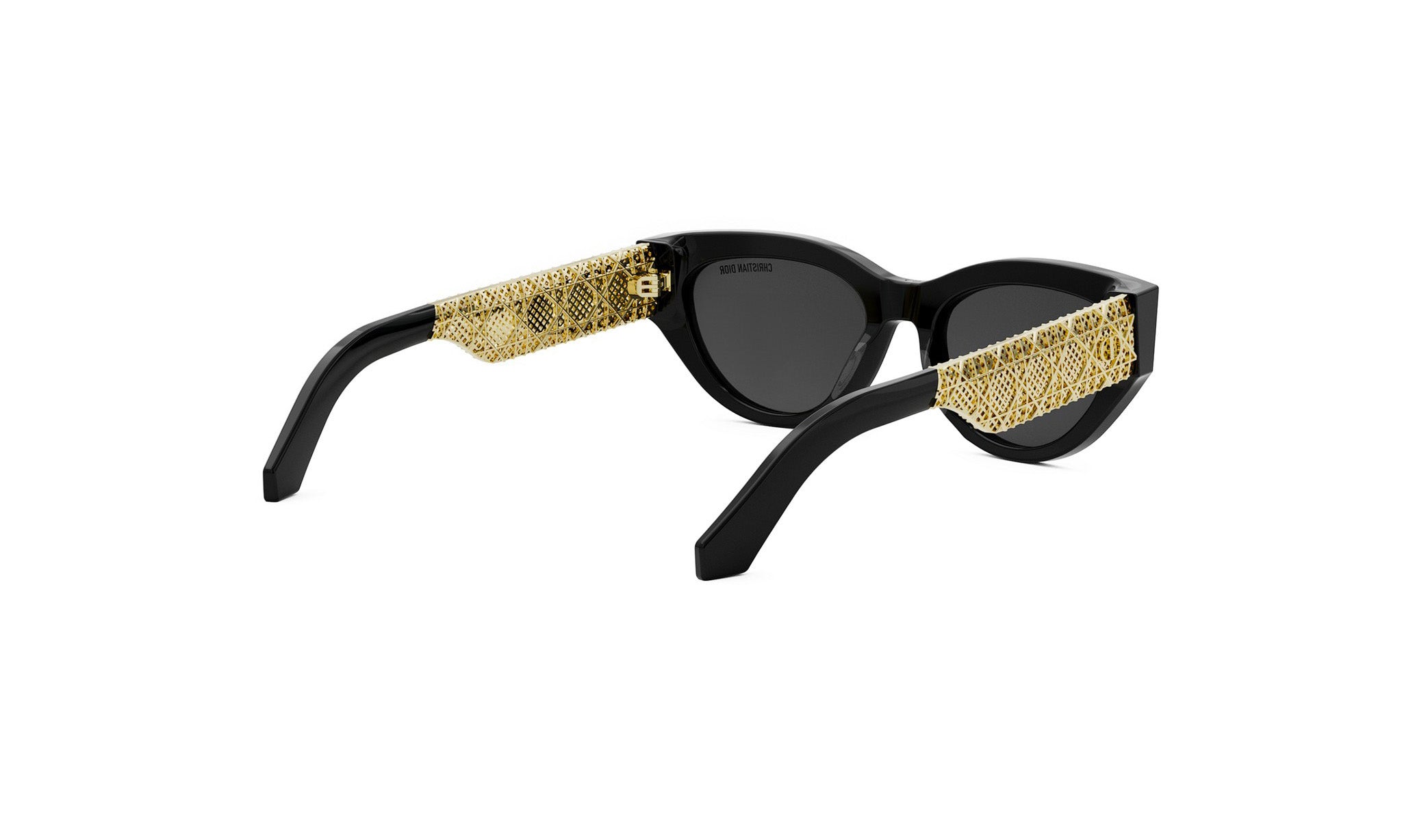 A pair of black cat-eye sunglasses with gold-colored embellishments on the arms and temples.